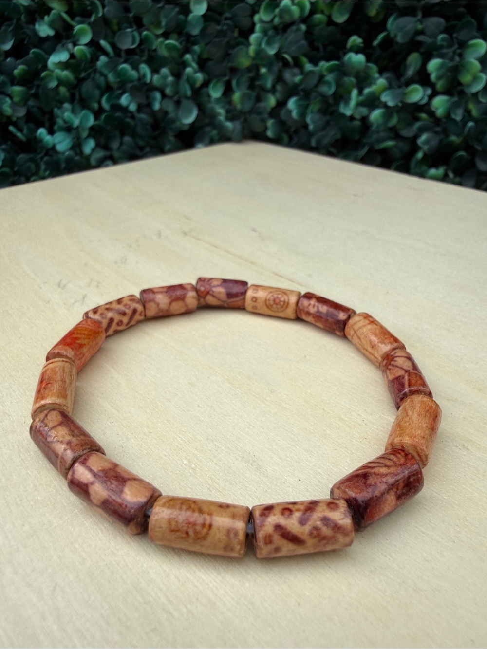 Handcrafted Wood Bead Stretch Bracelet - Warm Brown Tones
